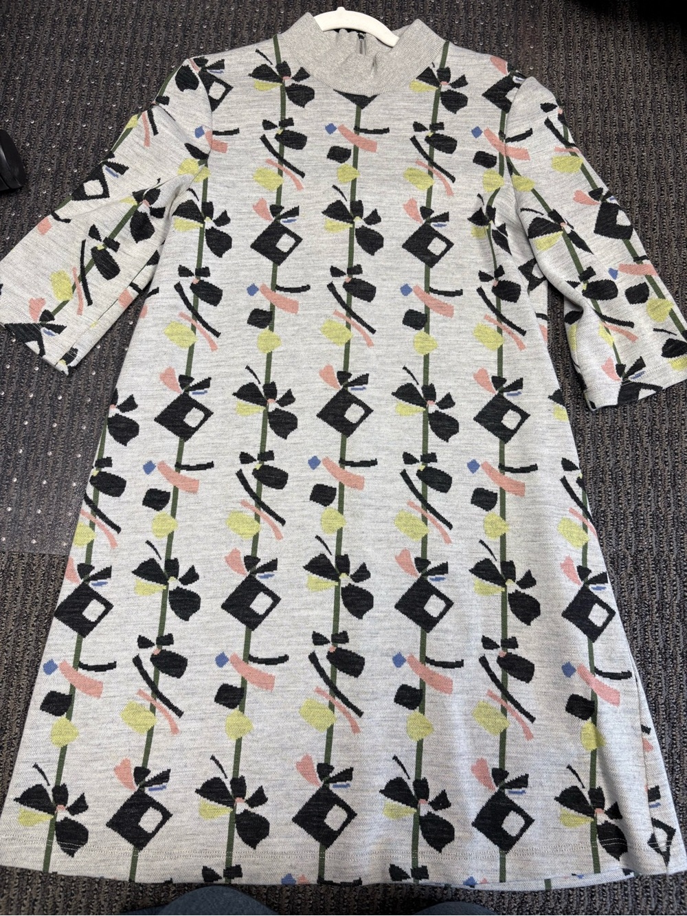 SUNO Grey Knit Dress with Black Floral Motif and Pink, Green, Blue Accents
